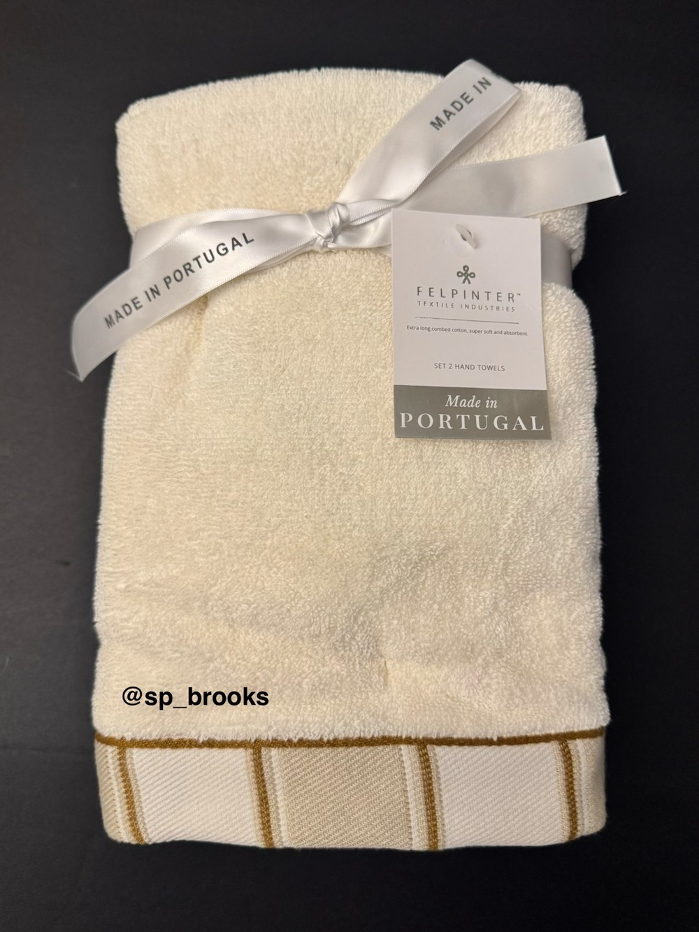 🎁2PC FELPINTER Hand Towel Set - Cream with Neutral Woven Striped Piping - Cotton